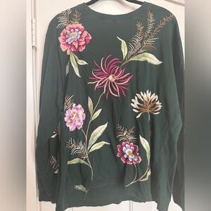 Johnny Was Green Floral Embroidered Sweatshirt | Boho Botanical Pullover | Sz L